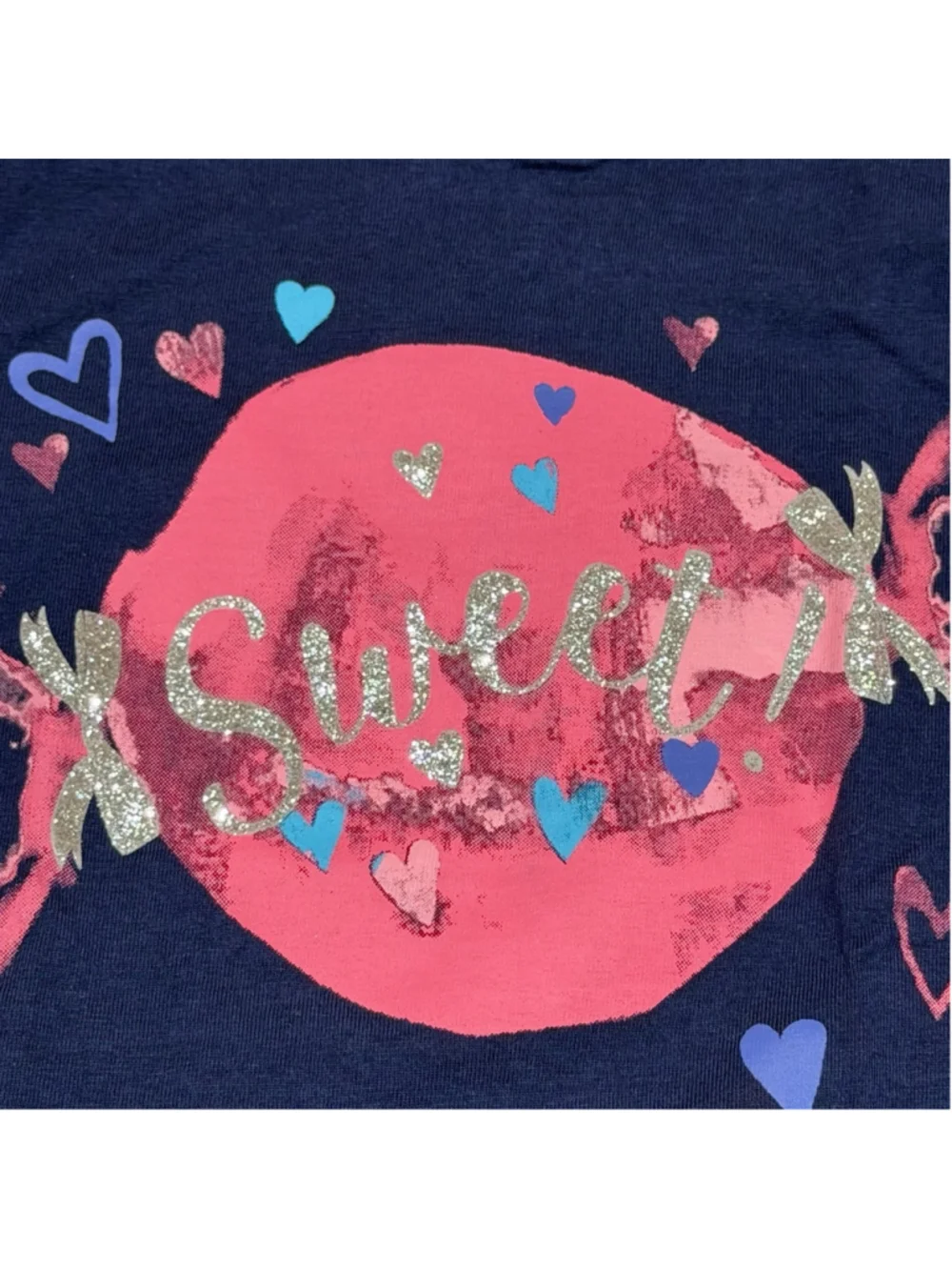 Gymboree Girls Sweet Candy Hearts‎ Graphic T-Shirt Navy Blue Size M 7-8 Glitter